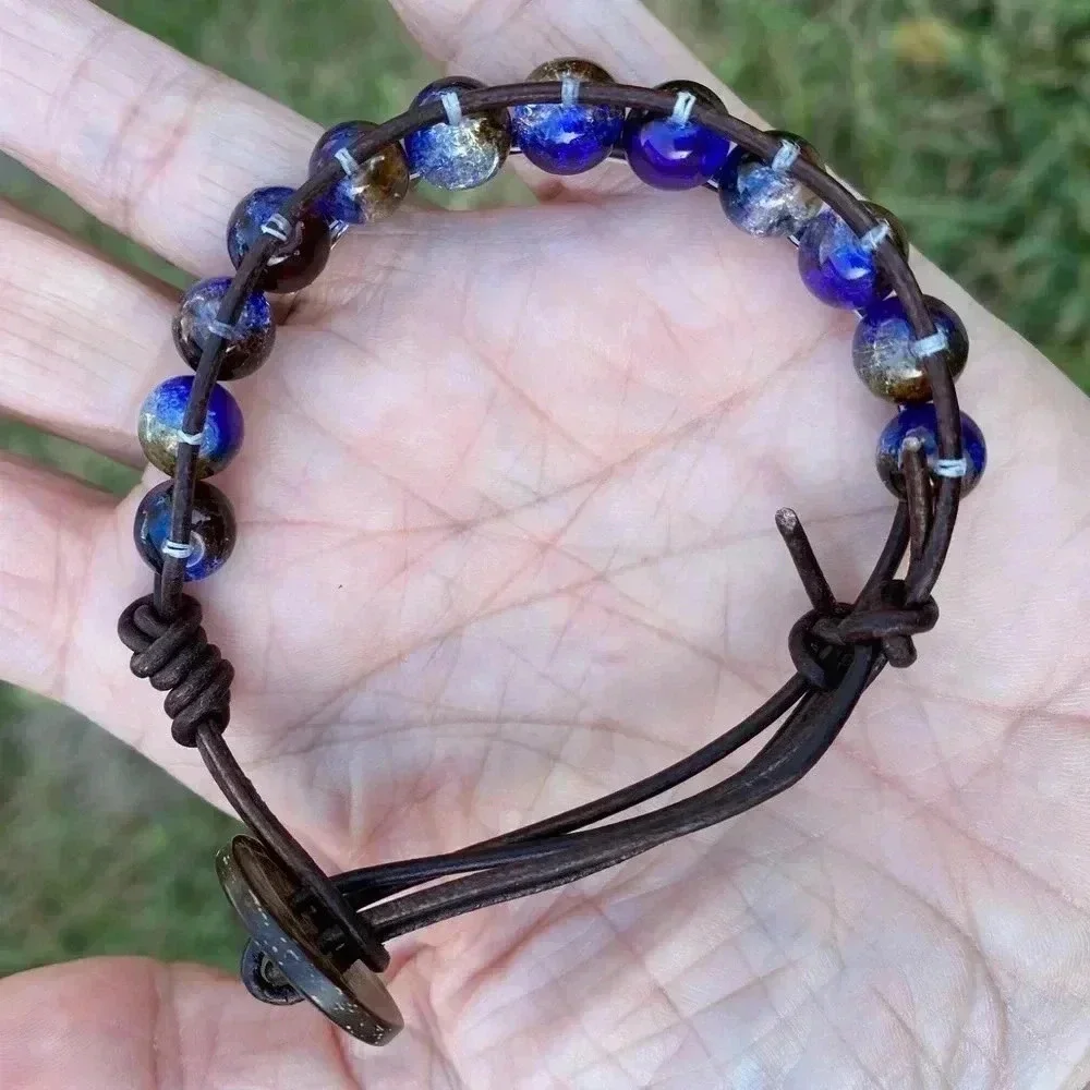 Handmade Men’s Adjustable Blue Brown Glass Bead Real Leather Bracelet
